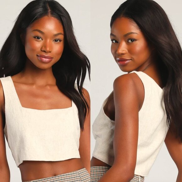 ☀️ LULUS Just Perfect Beige Oatmeal Cream Square Neck Cropped Tank Top Linen - Picture 1 of 7